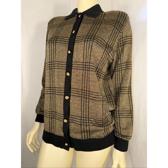 Vintage 90’s Eccobay Plaid Button Front Cardigan Sweater Collared Brown Black Me - Picture 1 of 12
